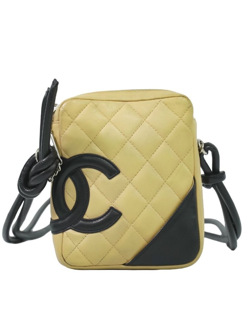 Chanel CC Logo Cambon Line Shoulder Bag Pochette Lambskin Leather Beige Black